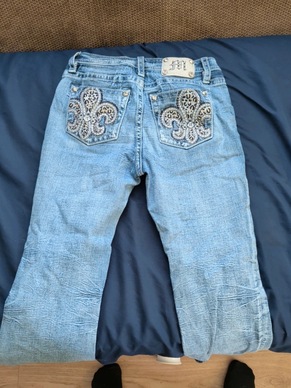 Miss Me Light Blue Boot Cut Jeans with Beaded Fleur-de-Lis